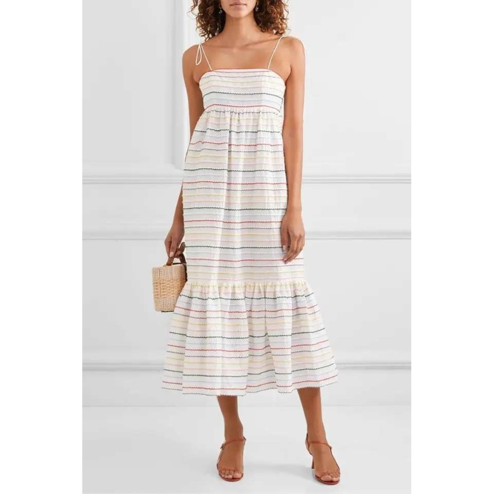 Zimmermann Zinnia Scalloped Striped Midi Dress White Multi Size 1 Boho Tiered